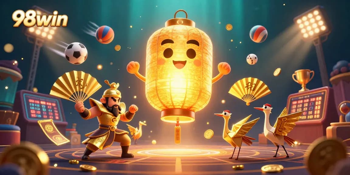 Engage with exciting games at 98win online casino, surrounded by dynamic sports elements and captivating characters.