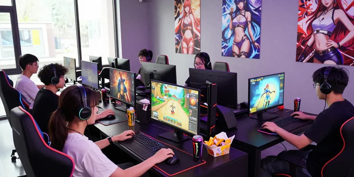 A gaming lounge scene showcasing players immersed in female hentai games, featuring colorful screens and an energetic atmosphere.