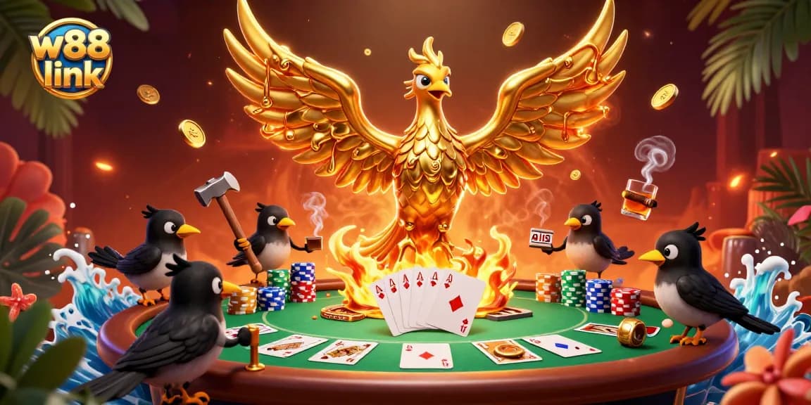 Experience the thrill of betting with w88 link, featuring a vibrant illustration of a phoenix and poker elements.