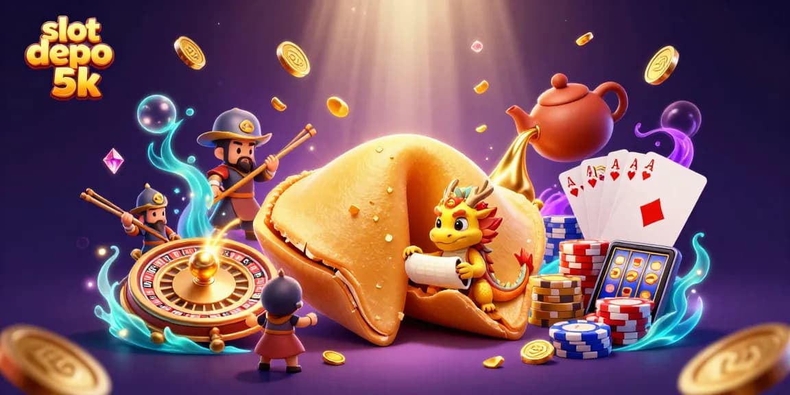 Experience thrilling gameplay with slot depo 5k showcasing a golden fortune cookie, dragon, and flying coins!