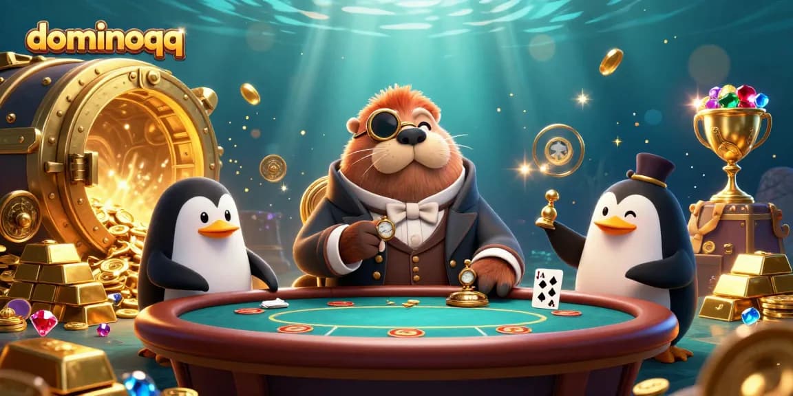 Players enjoy dominoqq at an underwater poker table surrounded by treasure and sparkling gems.