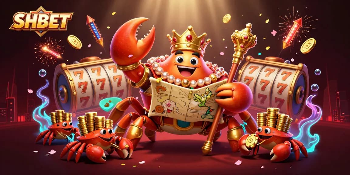 Experience stunning SHBET casino thrills with a golden crab emperor, treasure map, and dynamic gaming elements.