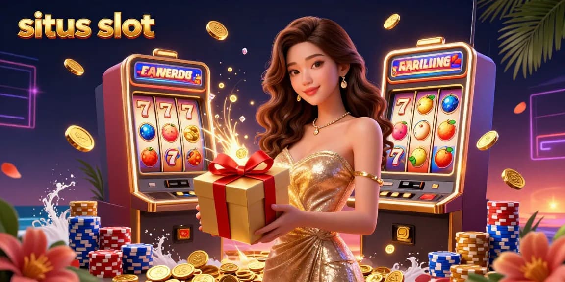 Engage with exciting situs slot gameplay featuring vibrant 3D slot machine reels displaying lucky sevens and golden coins.