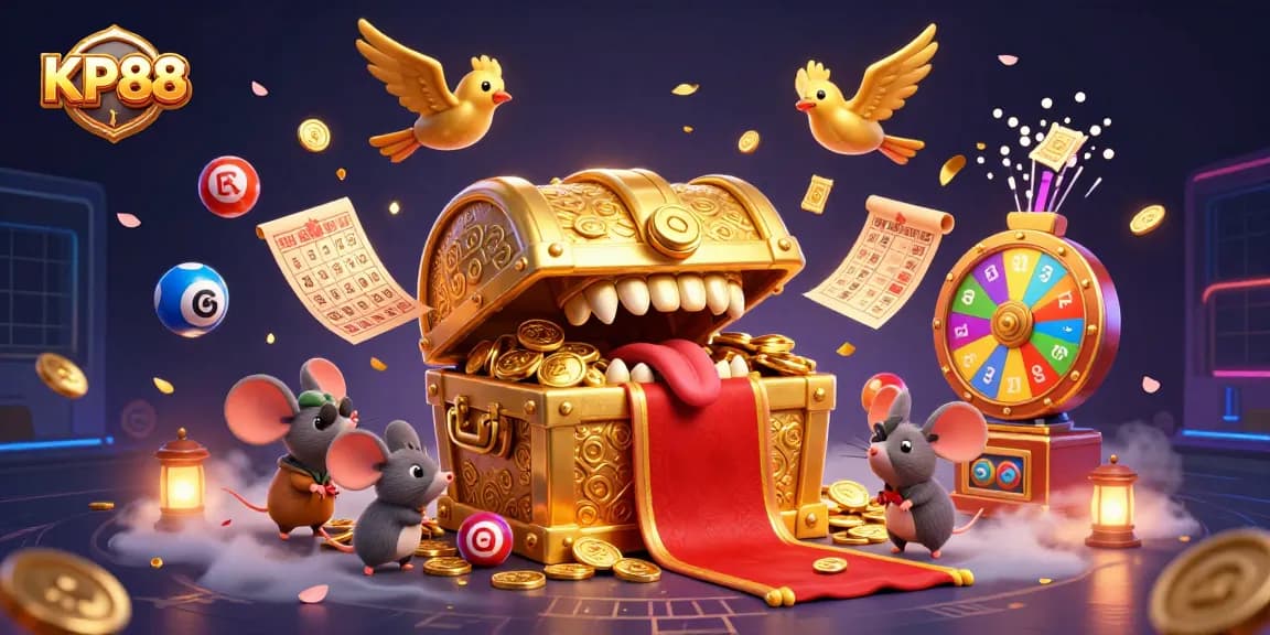 KP88 showcases an engaging 3D casino scene filled with lottery elements, attracting players with vibrant visuals.