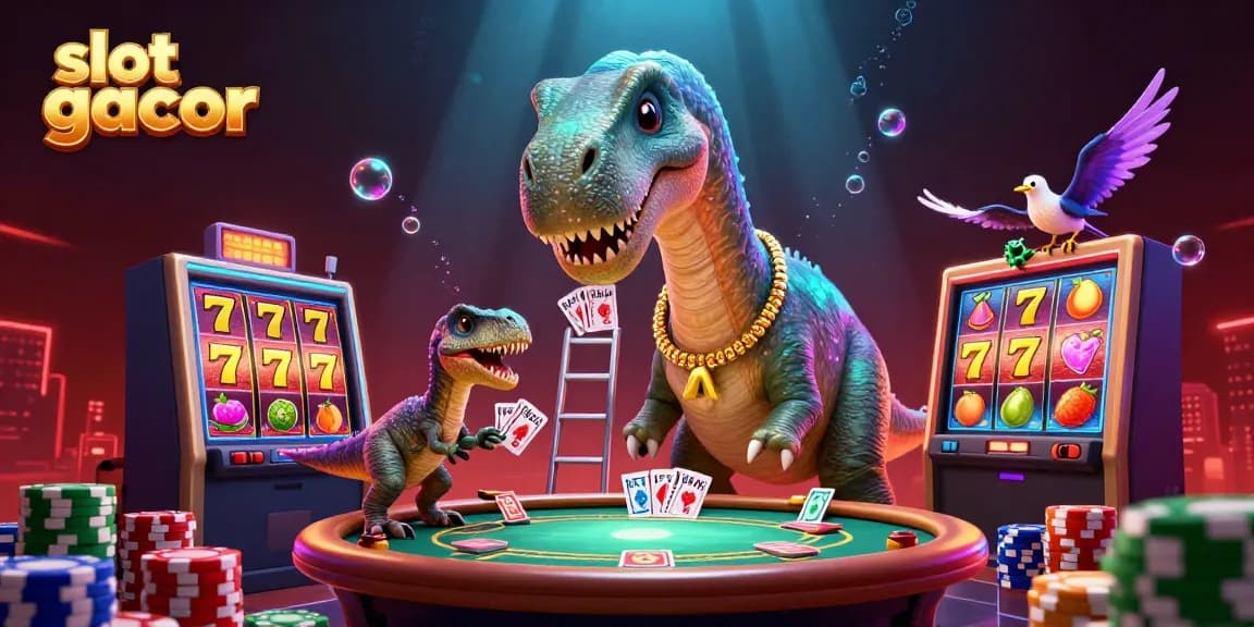 Slot gacor menampilkan ilustrasi kasino digital 3D dengan dinosaurus dan raptor di meja poker.