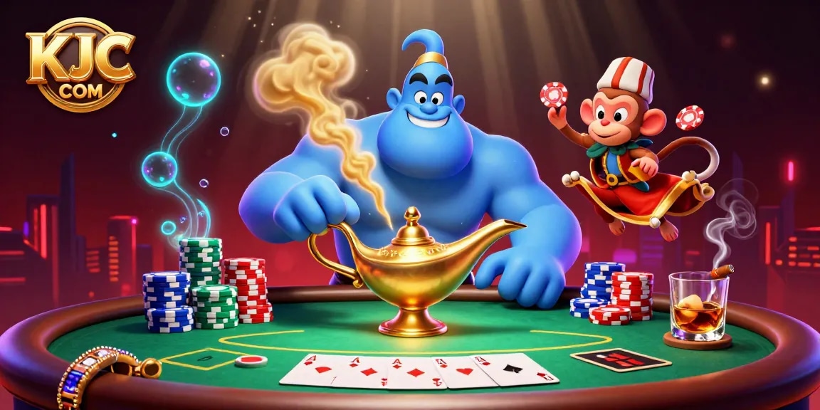 Engage with KJC COM in this vibrant casino scene featuring a genie, monkey, and poker action.