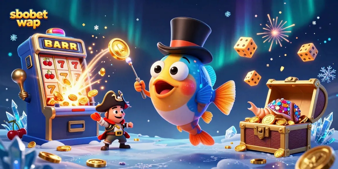 Experience sbobet wap with vibrant casino elements in a packed 3D scene, featuring animated characters and dynamic gaming icons.