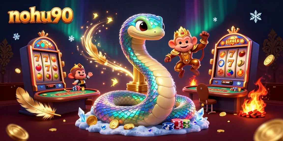 Play slots and win with nohu90 in a dynamic casino scene featuring vibrant characters and gaming elements.