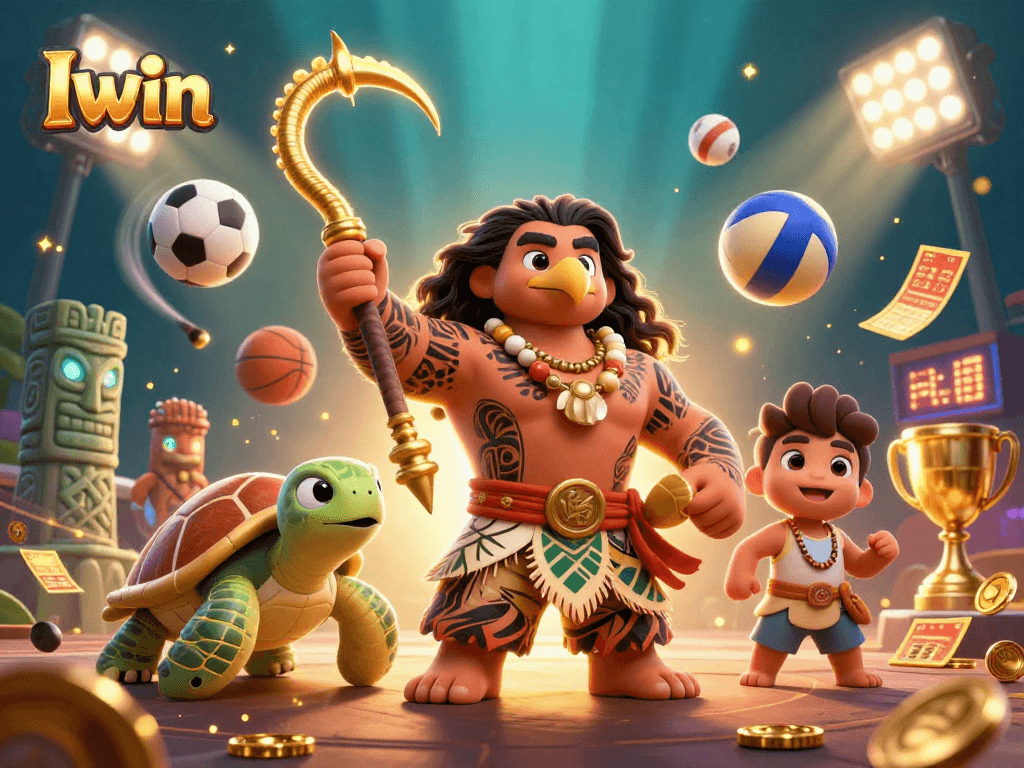 Iwin showcases a vibrant 3D scene with a cartoon demigod hawk, turtle sidekick, and sports elements like balls and trophies.