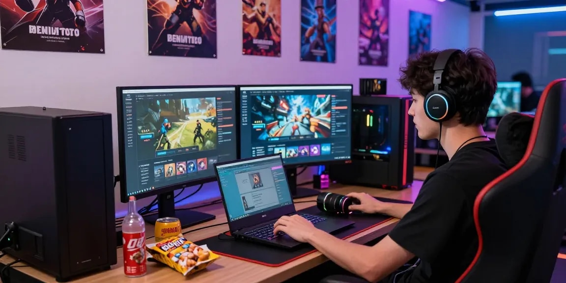 Engaged gamer exploring benihtoto platform with vibrant setup and gaming gear