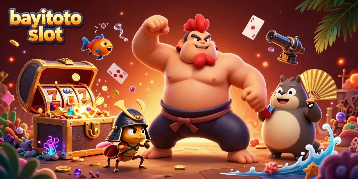 Discover vibrant action in a bayitoto slot scene filled with gold coins, slot reels, and colorful gems.