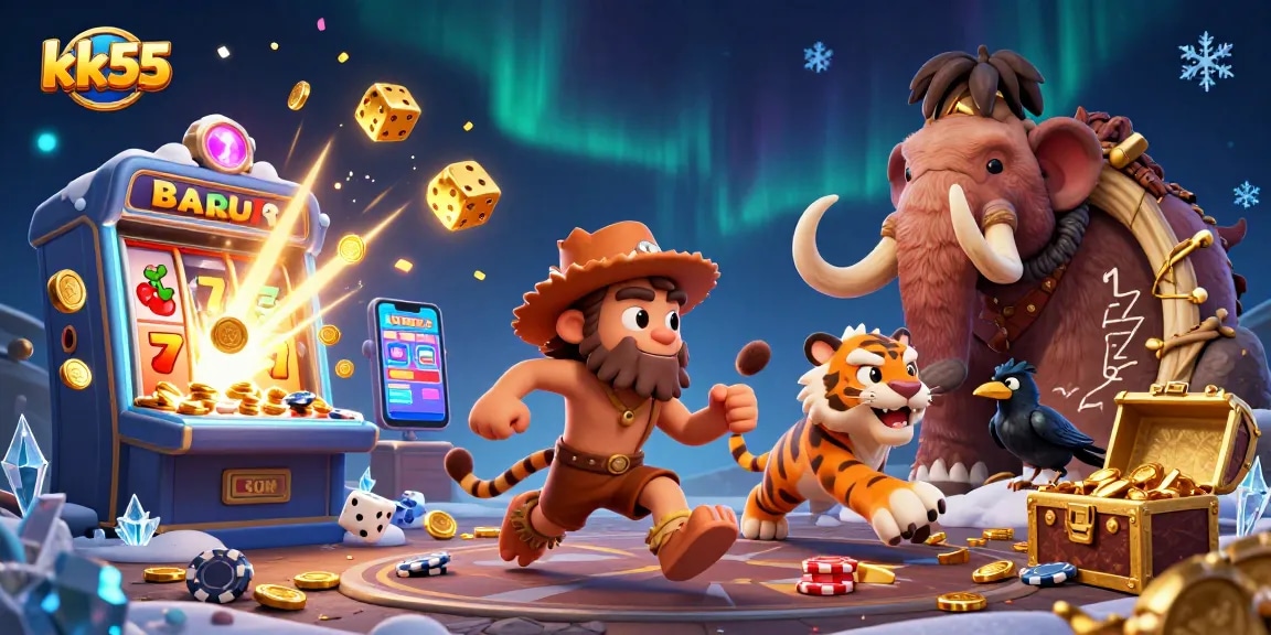 kk55 casino experience features animated prehistoric characters and vibrant slot game elements.