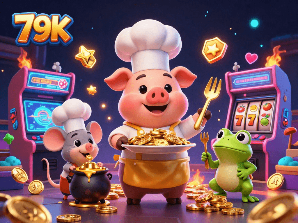 Aproveite a emoção das máquinas de caça-níqueis com 79K, enquanto um chef porquinho serve moedas em uma competição gourmet.