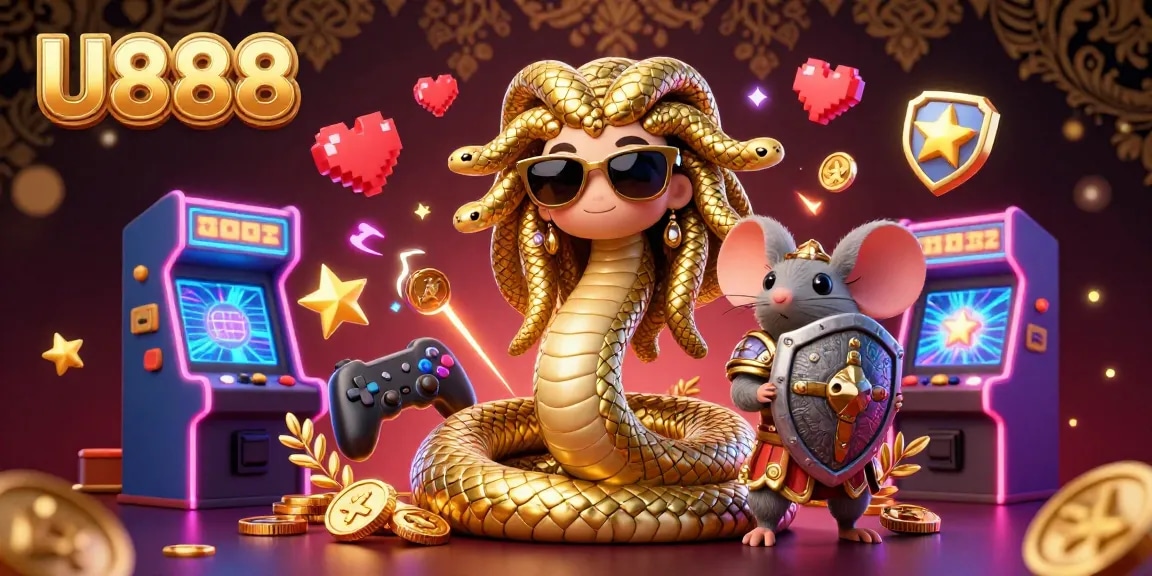 Experience exciting gameplay at U888 as Medusa and a warrior mouse navigate colorful gaming symbols.