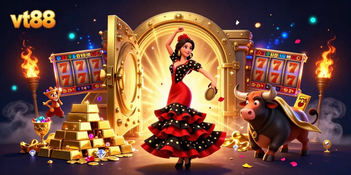 vt88 celebrates casino excitement with a flamenco dancer, golden treasures, and dynamic slot elements.