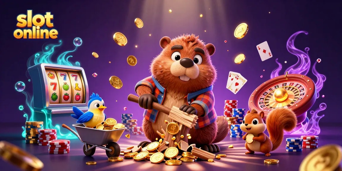 Experience exciting slot online action with a 3D cartoon beaver and vibrant casino elements bursting with energy.