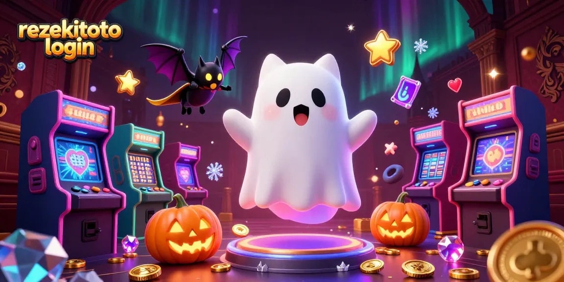 Engage with rezekitoto login in an exciting haunted casino scene featuring a ghost cat and vampire bat.