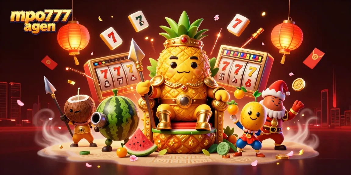 Engage with mpo777 agen in a lively casino scene featuring a golden pineapple king and vibrant slot elements.