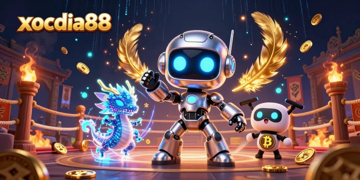 Xocdia88 showcases a thrilling gaming environment with a cyberpunk robot, holographic dragon, and bitcoin drone in an energetic scene.
