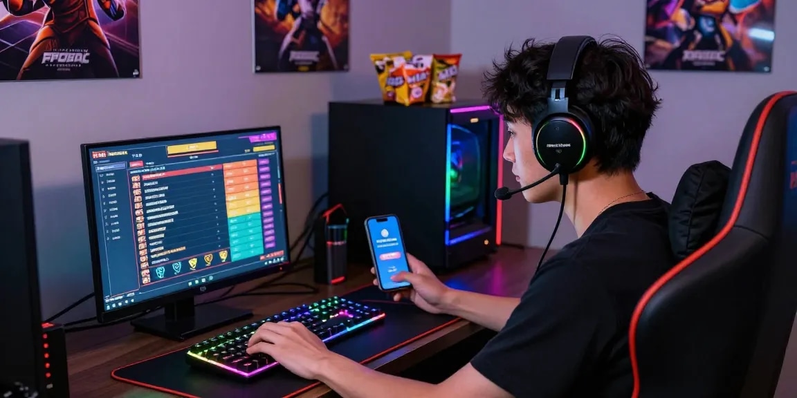 Player enjoying an online slot game with deposit tanpa minimal on laptop, vibrant gaming setup.