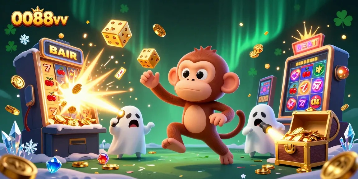 Engage with 0088vv's captivating casino environment featuring vibrant slot machines and playful characters.