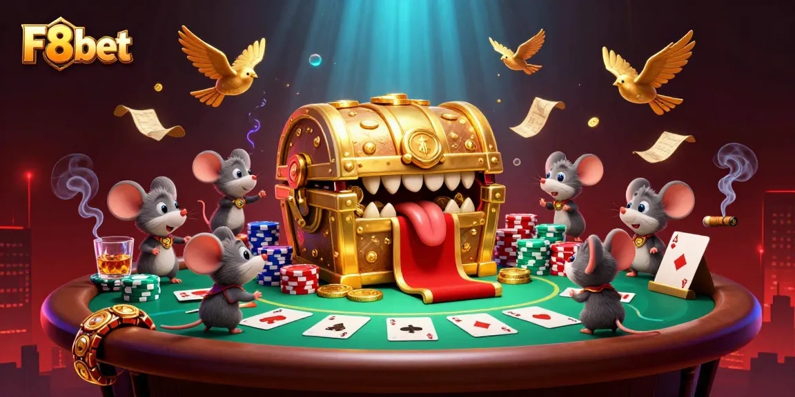 Engage with F8bet's dynamic casino experience featuring rich visuals of poker elements and treasure.