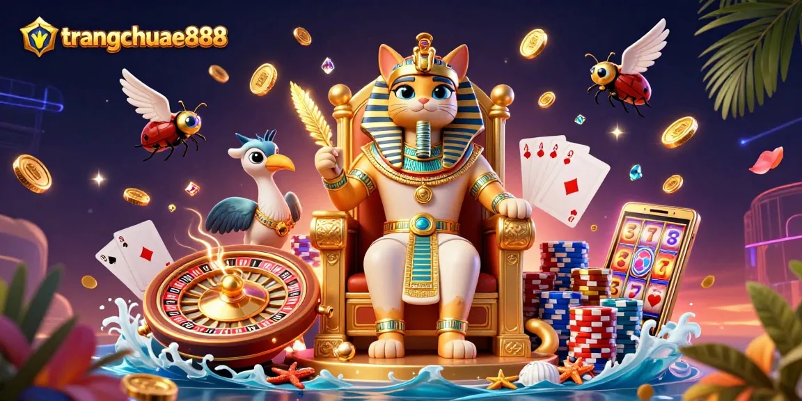 Experience the excitement of gameplay at trangchuae888 with a vibrant 3D illustration of an Egyptian-themed casino.