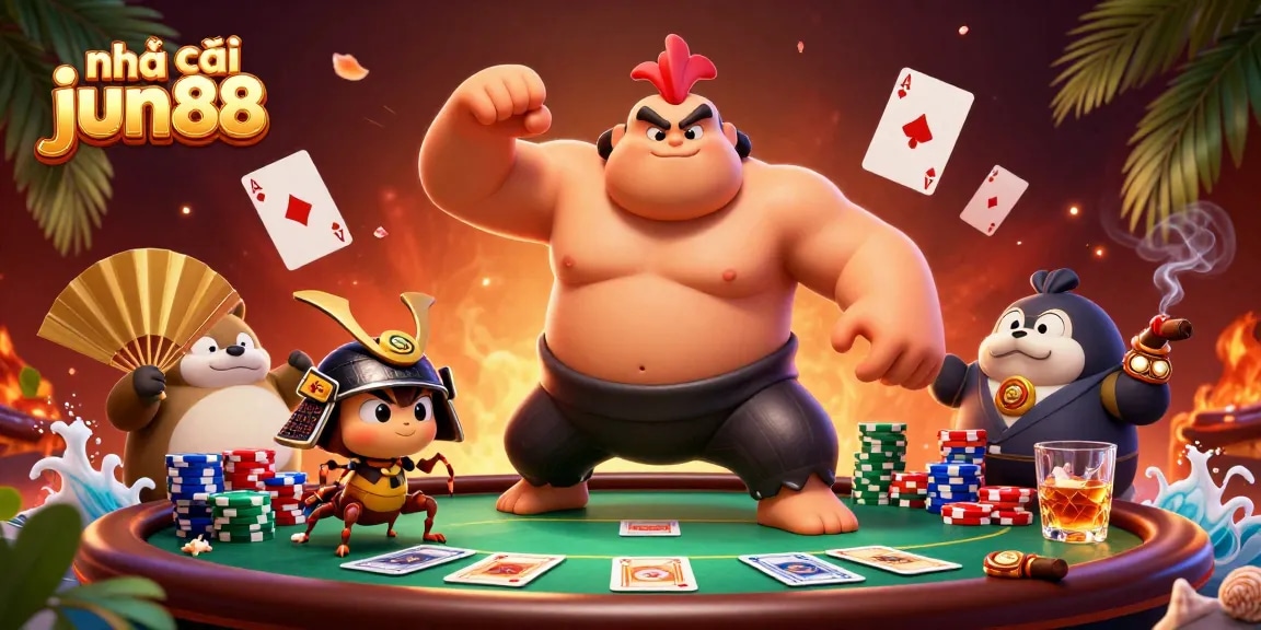 Engage in exciting gaming at nhà cái jun88 with a powerful sumo wrestler, skilled samurai cricket, and a stylish tanuki announcer.