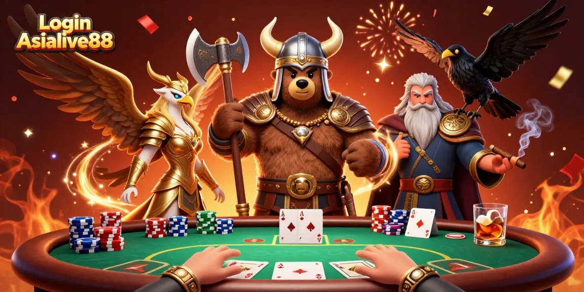 Engage in excitement with Login Asialive88 featuring a Viking bear and Valkyrie eagle at a poker game.