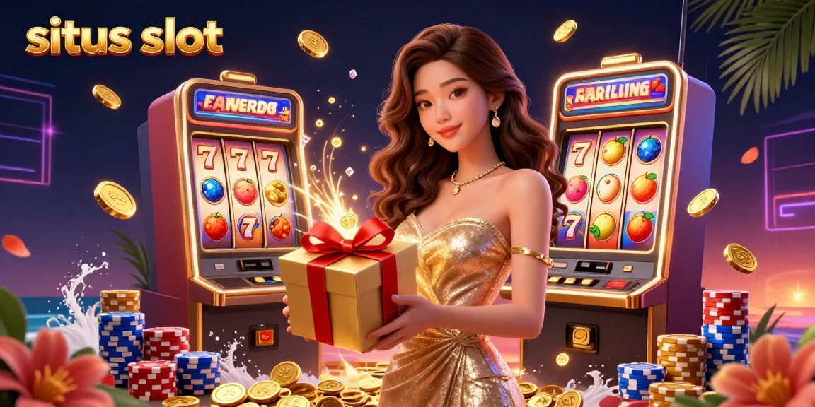Engage with exciting situs slot gameplay featuring vibrant 3D slot machine reels displaying lucky sevens and golden coins.