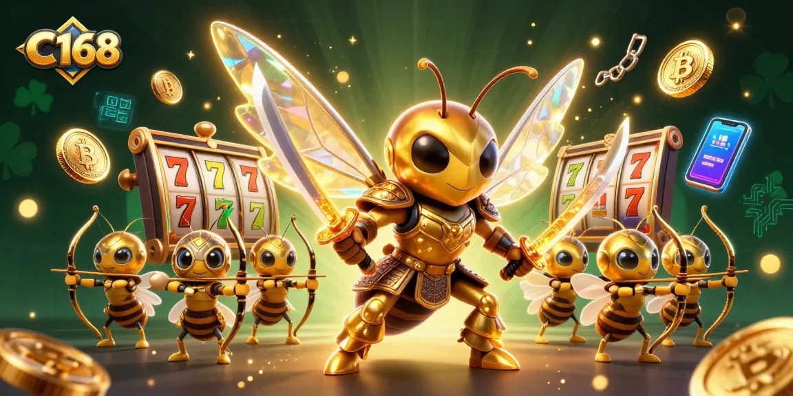C168 features a golden hornet in samurai armor with Bitcoin and Ethereum coins during the jackpot gaming experience.