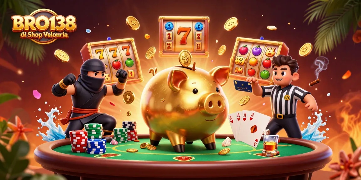 Experience exciting gameplay at BRO138 di Shop Velouria with lively slot reels and dynamic characters.