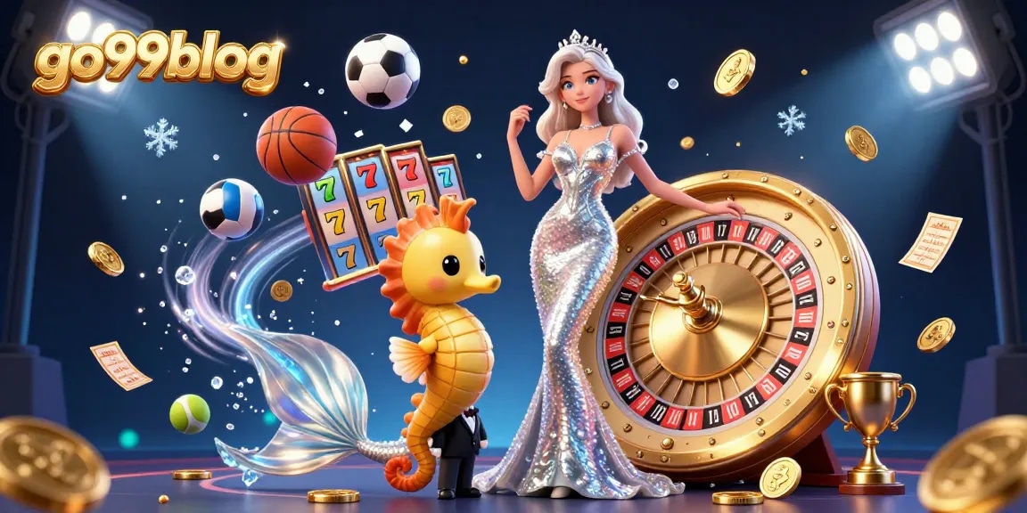Engage with go99blog through a vibrant 3D casino scene featuring slots, roulette, and sporting elements.