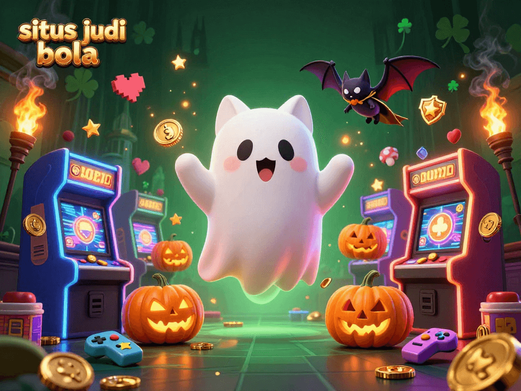 Situs judi bola scene with a ghost cat and vampire bat in a haunted casino atmosphere.