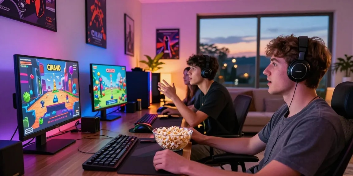 Friends enjoying vibrant CIKA4D online gaming in a cozy living room