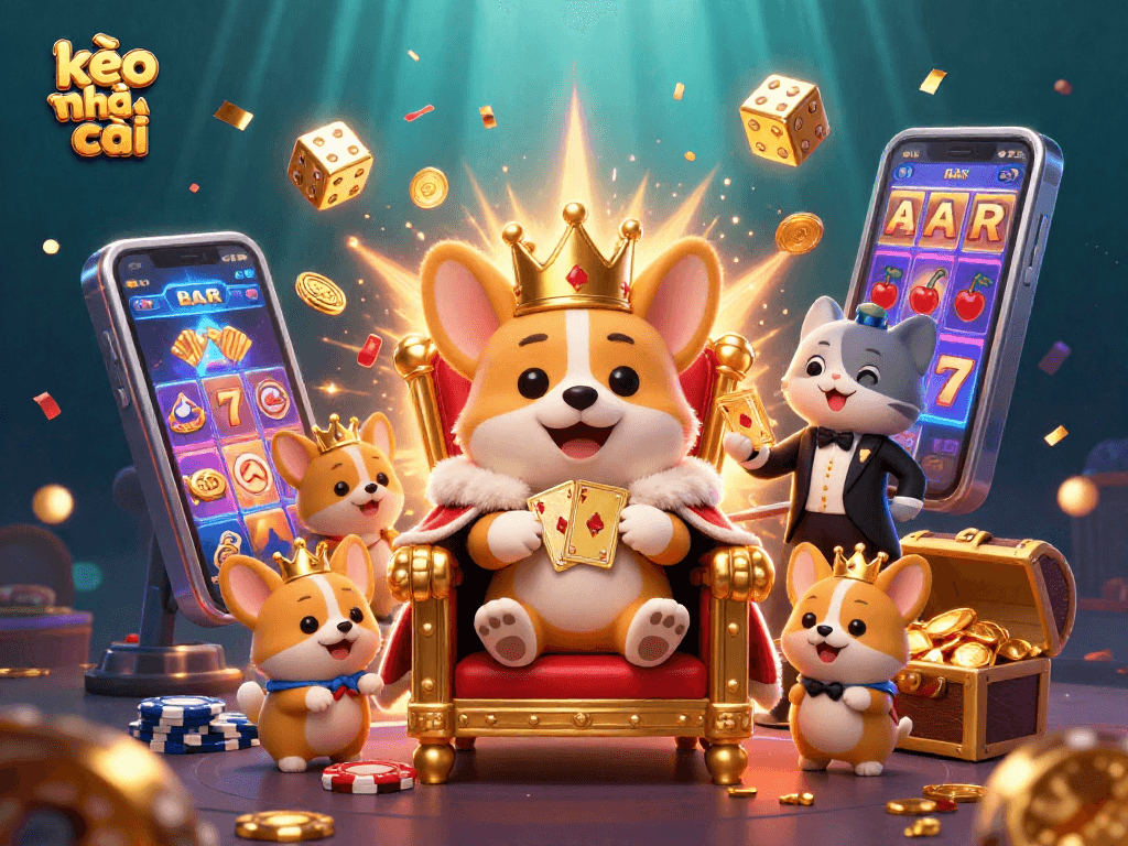 Engage with kèo nhà cái in vibrant casino scenario featuring royal corgi and slot machine.
