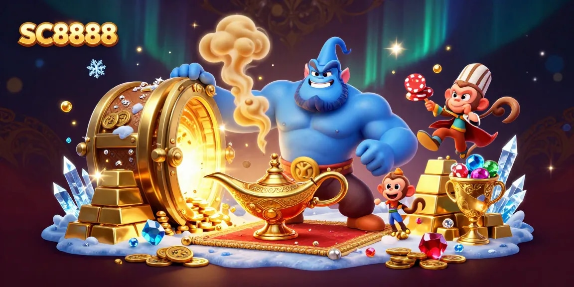 Experience thrilling moments with SC8888 at a magical casino adventure, featuring a genie and treasures.