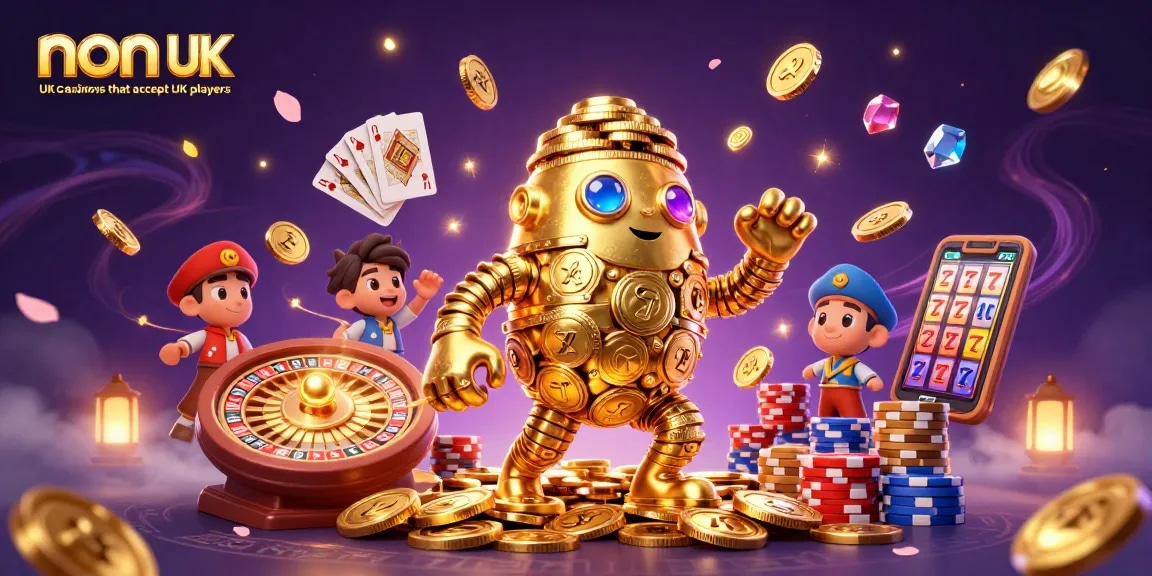 Experience the excitement with non UK casinos that accept UK players, showcasing golden golems and vibrant casino elements.