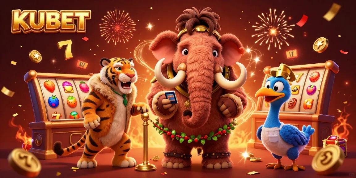 KUBET casino image showcases a vibrant scene with a woolly mammoth bouncer and a saber-tooth tiger amidst slot games.