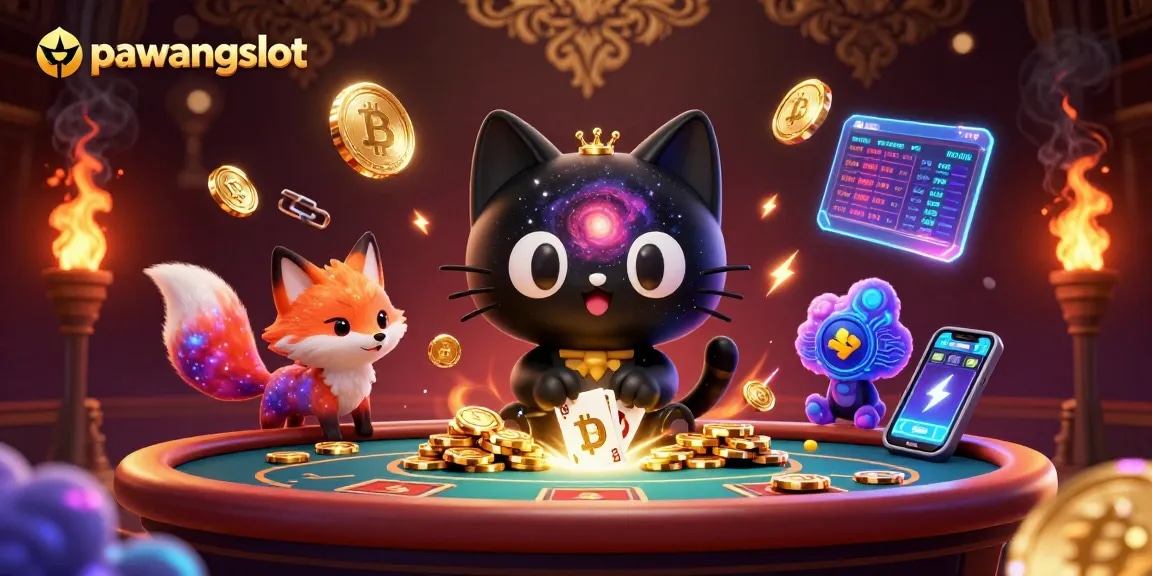 Permainan slot pawangslot dengan kucing melahap chip emas dan kartu, suasana kasino yang menarik.