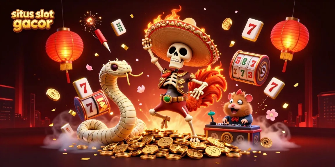 Spark excitement with situs slot gacor as a winning mariachi rooster dances atop golden coins, enriched by vibrant casino elements.