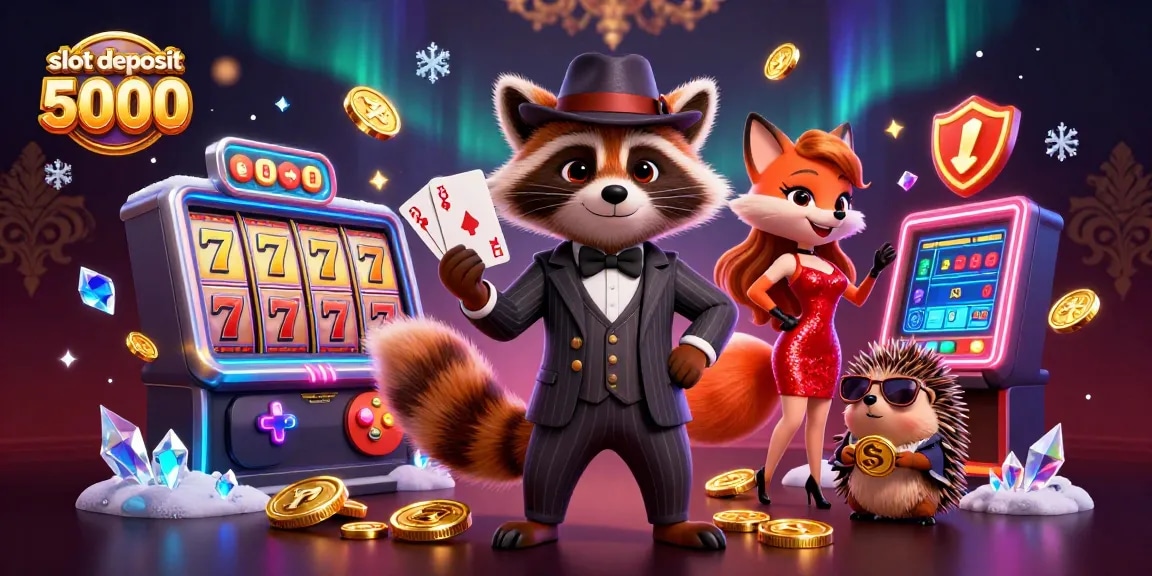 Engage in thrilling gameplay with slot deposit 5000 as the raccoon leads the fun in a vibrant casino scene.