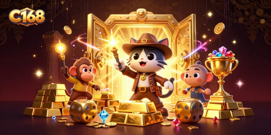 C168 players uncover golden treasures in an online casino adventure amidst vibrant gems and ancient dice traps.