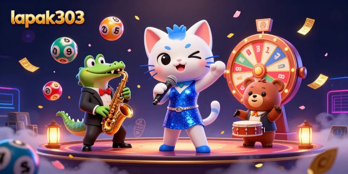 Experience excitement with lapak303 featuring a jazzy cat, a crocodile playing sax, and a drum bear in a vibrant casino setting.