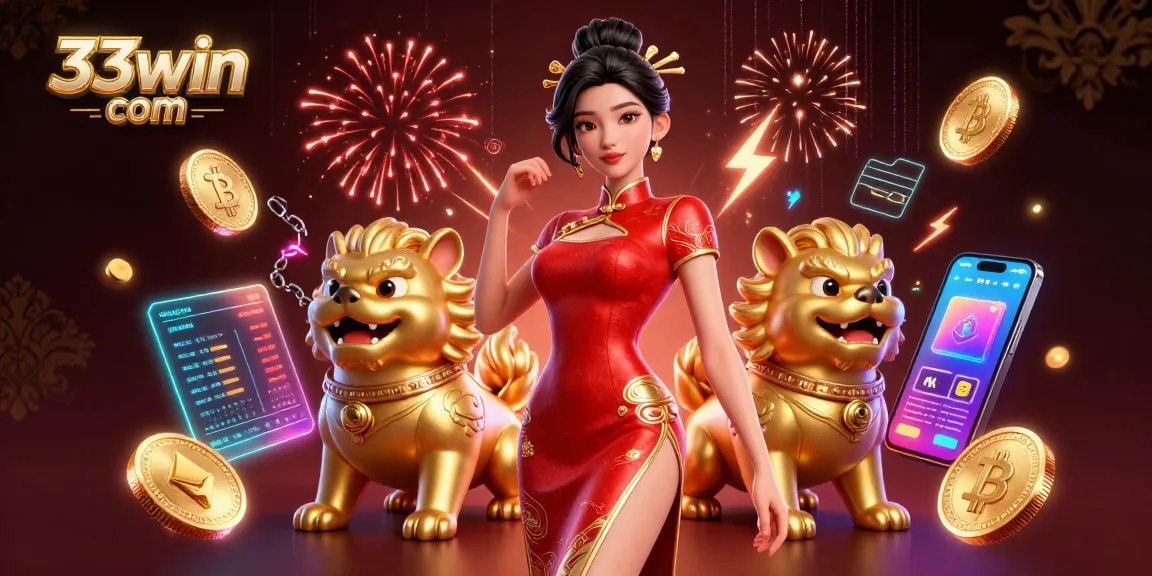 Experience thrilling gameplay at 33win com, featuring a glamorous Asian woman amidst vibrant casino symbols and crypto elements.