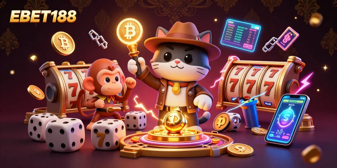 Spin the reels at EBET188 while an explorer cat discovers casino treasures amidst vibrant crypto-themed graphics.