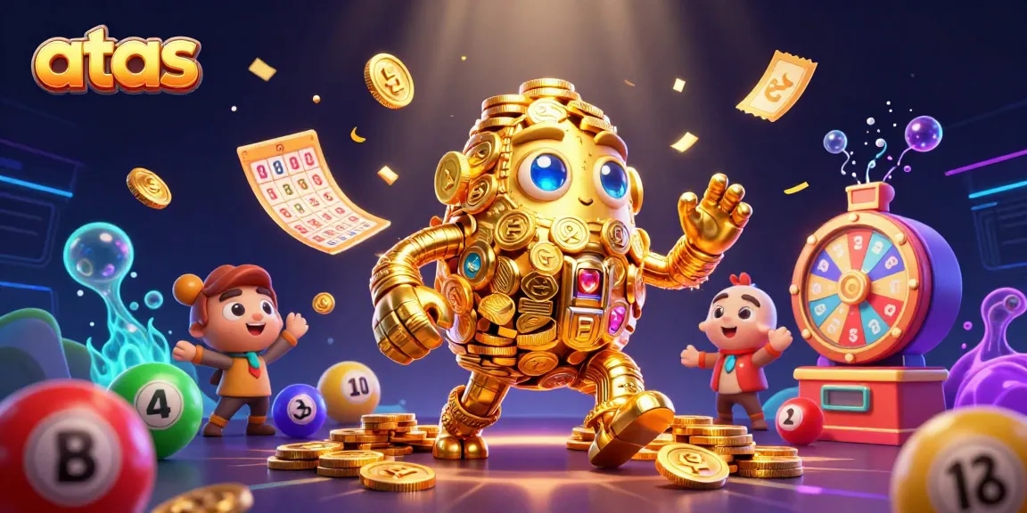 Play exciting games at atas casino with vibrant lottery balls, golden golem, and dynamic prizes.