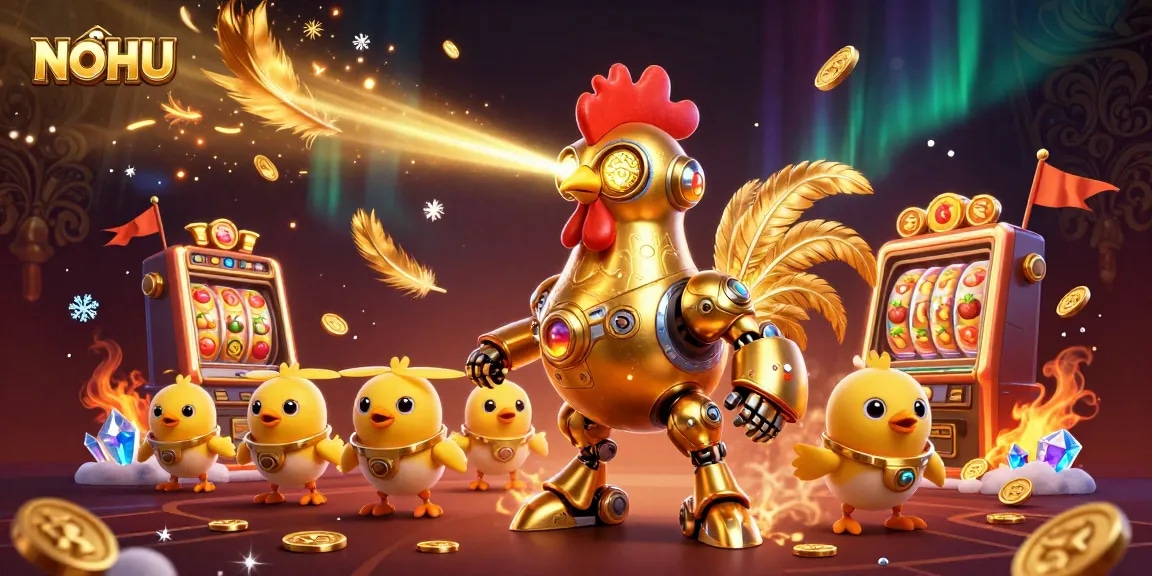 Witness NOHU's vibrant casino moment, with golden robot and chick drones in action as they spin for jackpots.