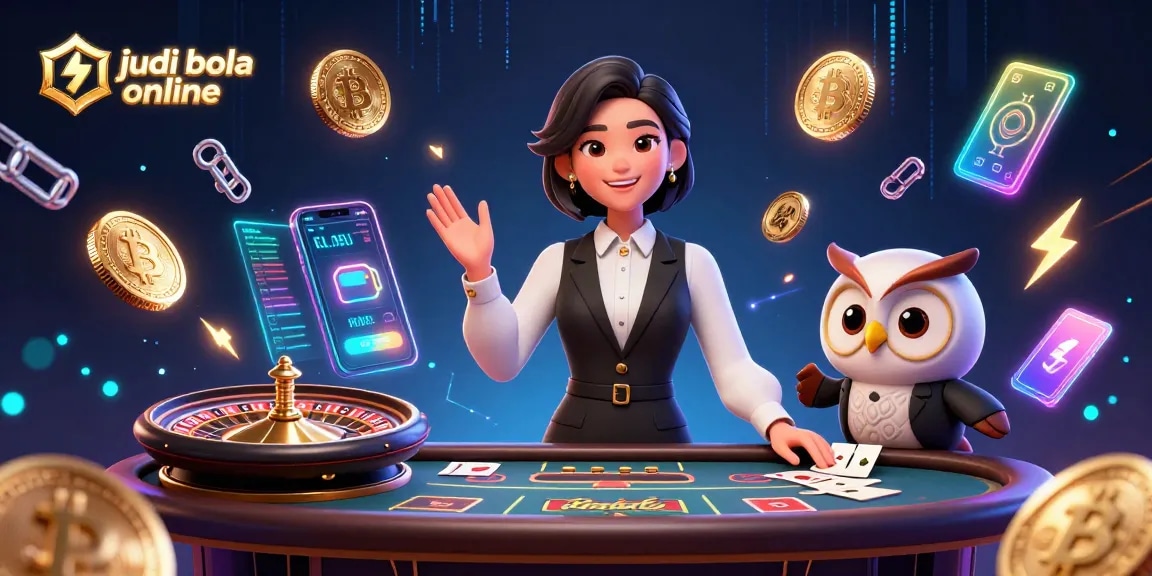 Bet on judi bola online with sleek dealers at a luxury baccarat table in vibrant casino scene.
