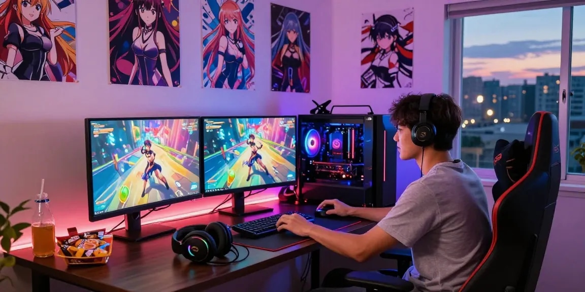 Exciting gaming scene with a gamer playing a hentai game in a cozy room decorated with anime art.